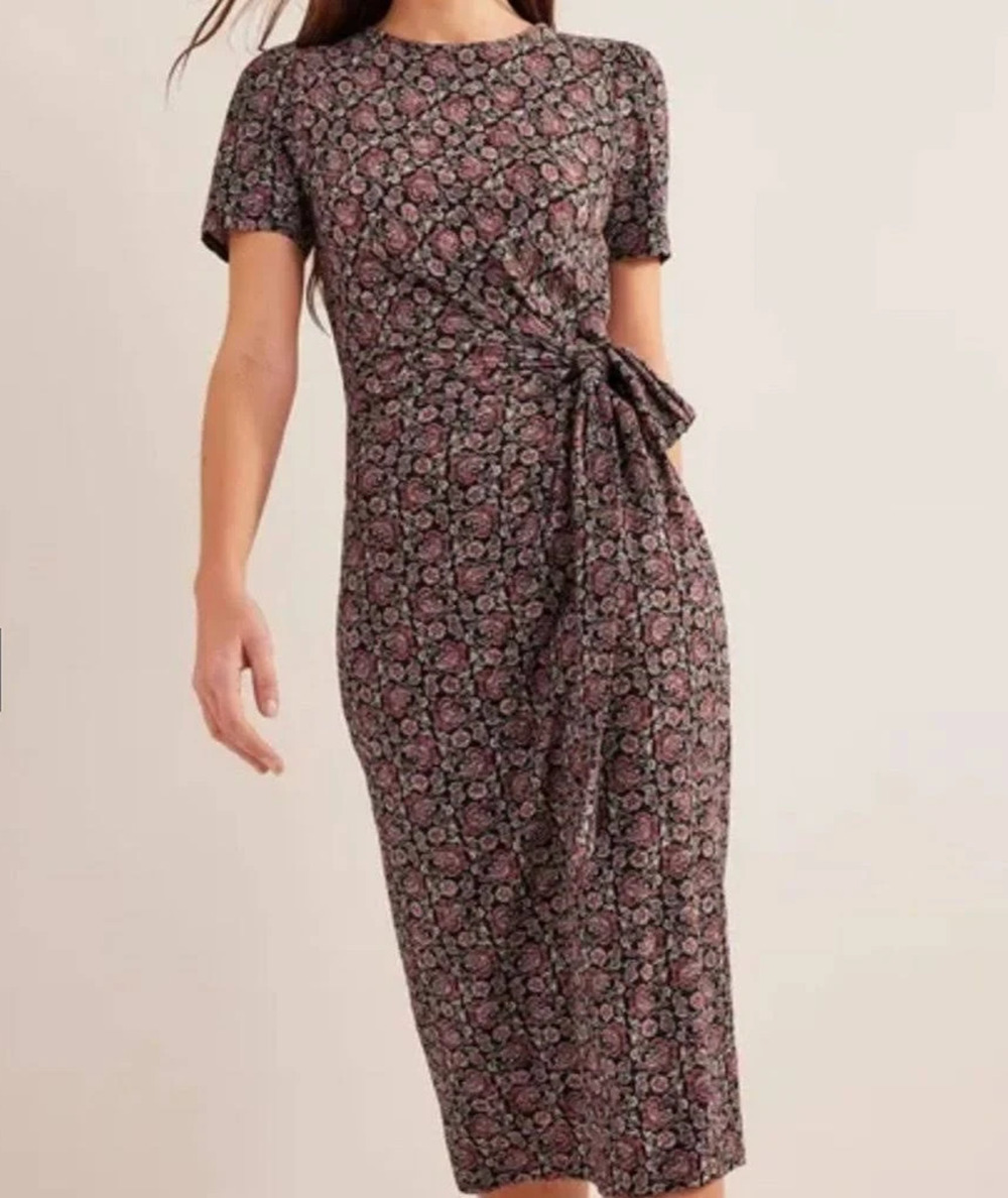 Boden Knot Front Jersey Midi Dress Black Block Paisley US 20-22R